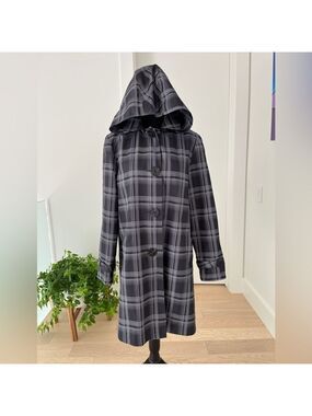 PIZAZZ Spring Jacket Detachable Hood Black Grey Plaid Button Front Neutral